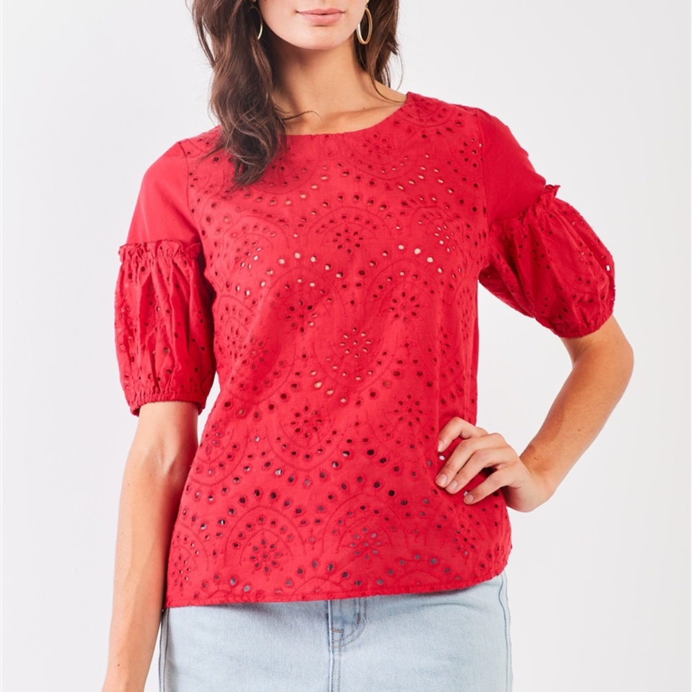 Red Eyelet Crochet Embroidery Front Relaxed Top